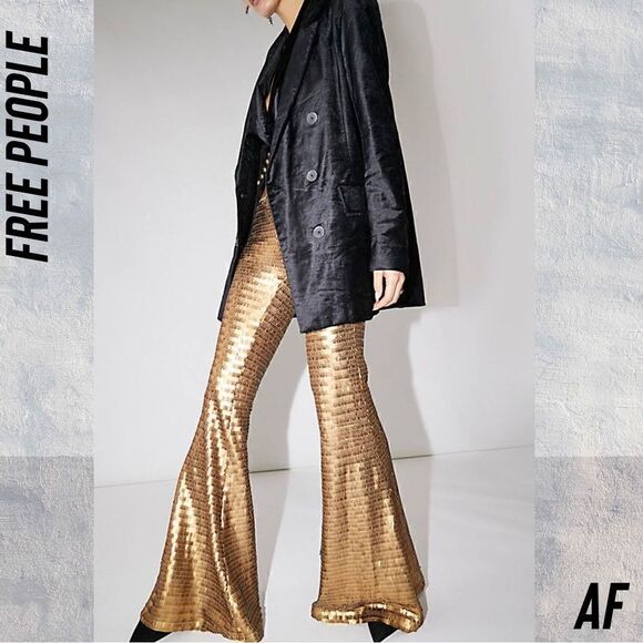 FREE PEOPLE GOLD MATTE PARTY PANTS BELLBOTTOM FLARE NWT XS - Picture 4 of 9